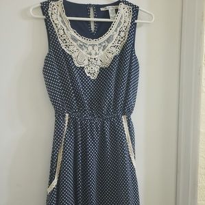 ⭐W/ POCKETS⭐Crochet Front Navy & Polka Dot Dress
